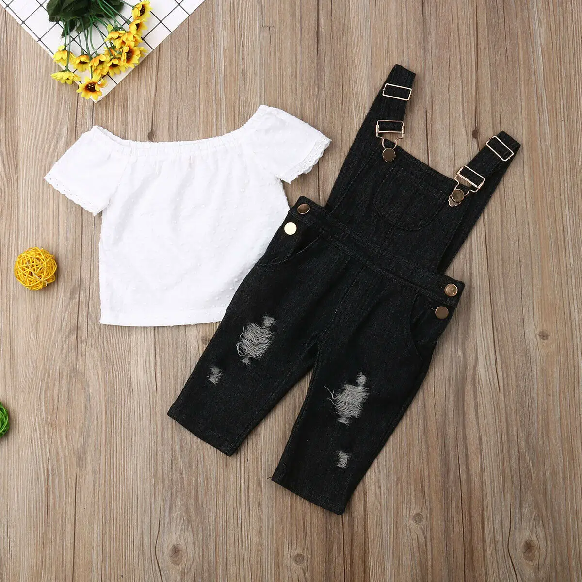 New Toddler Kid Baby Girls Lace Tops Bib Pants Jeans 2PCS Outfits Summer Clothes | Мать и ребенок