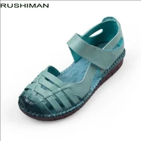 rushiman 2021 new style handmade genuine leather flat shoes summer sandals women casual solid hollow out flat women sandals