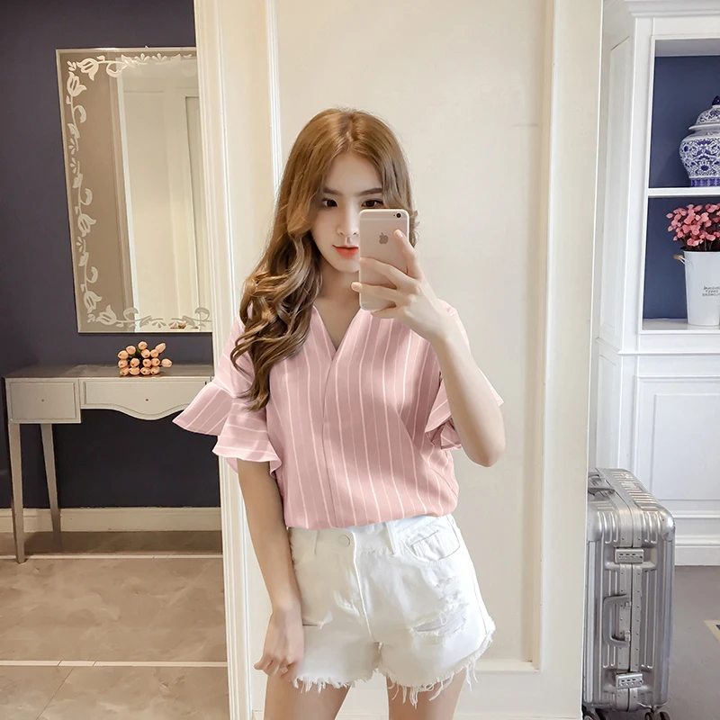 

2019 summer new women fashion Large size lady clothing stripe loose shirt V neck Ruffle short sleeve women shirt top 2557 50