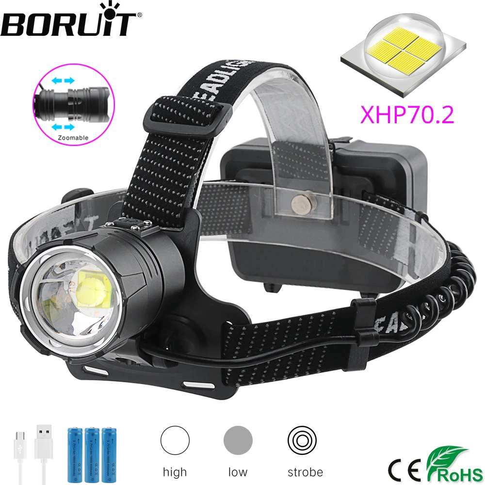 Налобный фонарь BORUiT XHP70.2, 18650 лм, 3 режима, перезаряжаемый, водонепроницаемый, для кемпинга, охоты