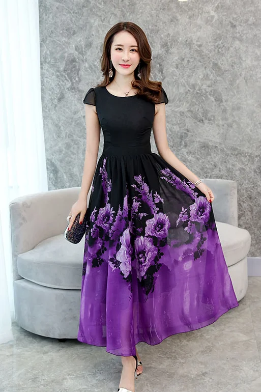 Dingaozlz летнее платье размера плюс Vestidos модное печатное шифоновое платье с коротким рукавом тонкое женское богемное пляжное длинное платье