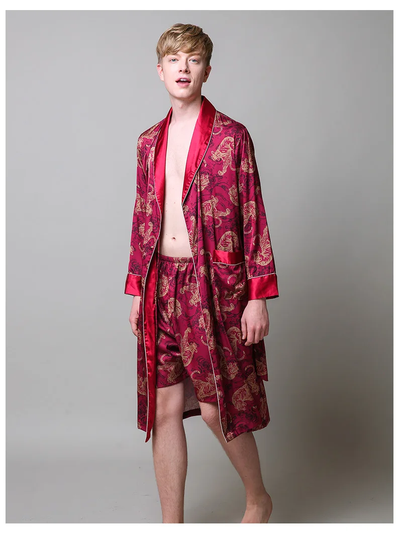 Двухкомпонентная шелковая ночная рубашка, атласная Мужская пижама, свободное платье с тигром, шелковистый халат с длинным рукавом и длинные штаны, банный халат для мужчин