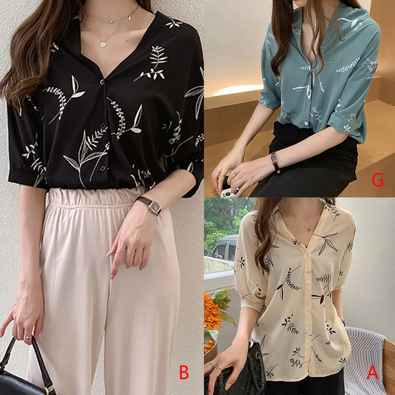 

2019 Summer Korean Fashion Women's Wild V-neck Printed Chiffon Shirt Women's Half Sleeve Button Shirt Top
