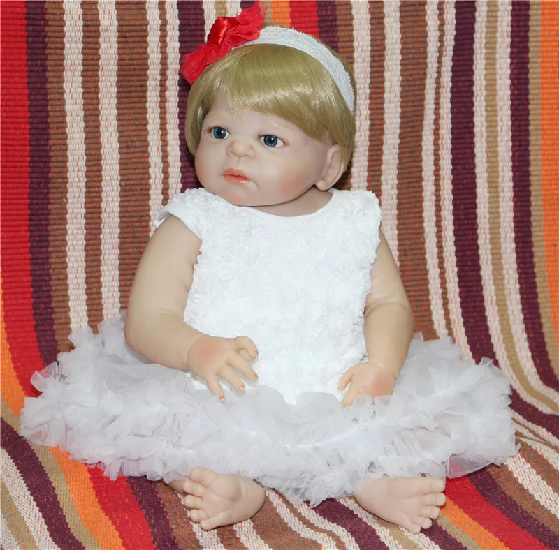 

55cm bebe Realistic reborn Doll Full Silicone Reborn Babies Handmade Girl Gift Toys For Kids bonecas blond hair white dress Set