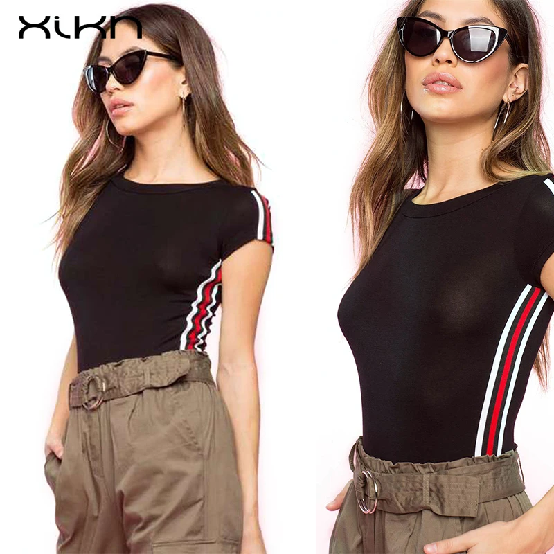 XIKN летние топы для женщин 2018 bodycon рубашка женские короткий рукав o-образным