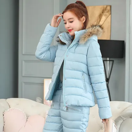 Sky blue Женский спортивный костюм, зимняя Новинка, съемная шапка с меховым воротником, куртка и хлопковые длинные штаны, модный костюм, комплект из двух предметов H203 - Цвет: Sky blue
