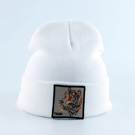 tiger white Новая модная мужская шапка с вышивкой в виде животного волка, зимние шапки, вязаные шапки для мужчин, уличная одежда в стиле хип-хоп, шапка Skullies - Цвет: tiger white