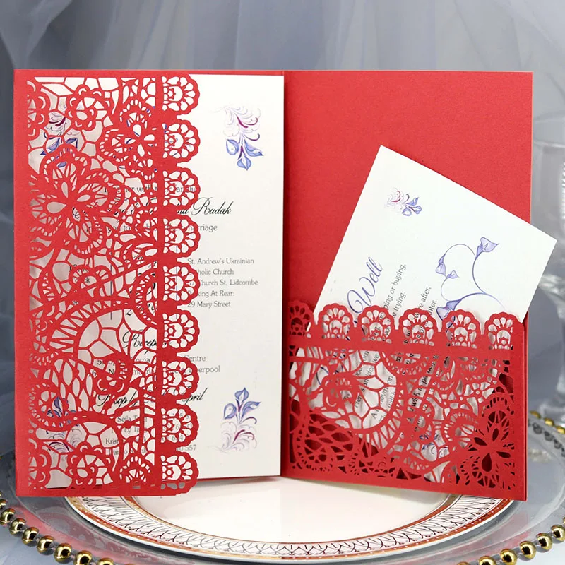 Red Cover inner 100 шт лазерная резка, для свадьбы Пригласительные карты кружева цветок три раза кружева деловая поздравительная открытка День рождения сувенир для свадебной вечеринки поставки - Цвет: Red Cover inner