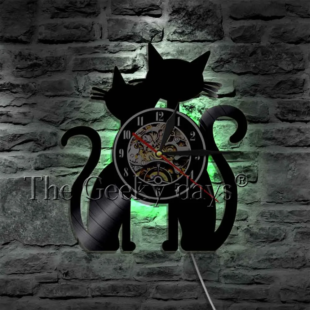 Couple Cats Vinyl Record Wall Clock Modern Design Kitty Animal 3D Watch Peeping Cat Unique Gift For Pet Lover | Дом и сад