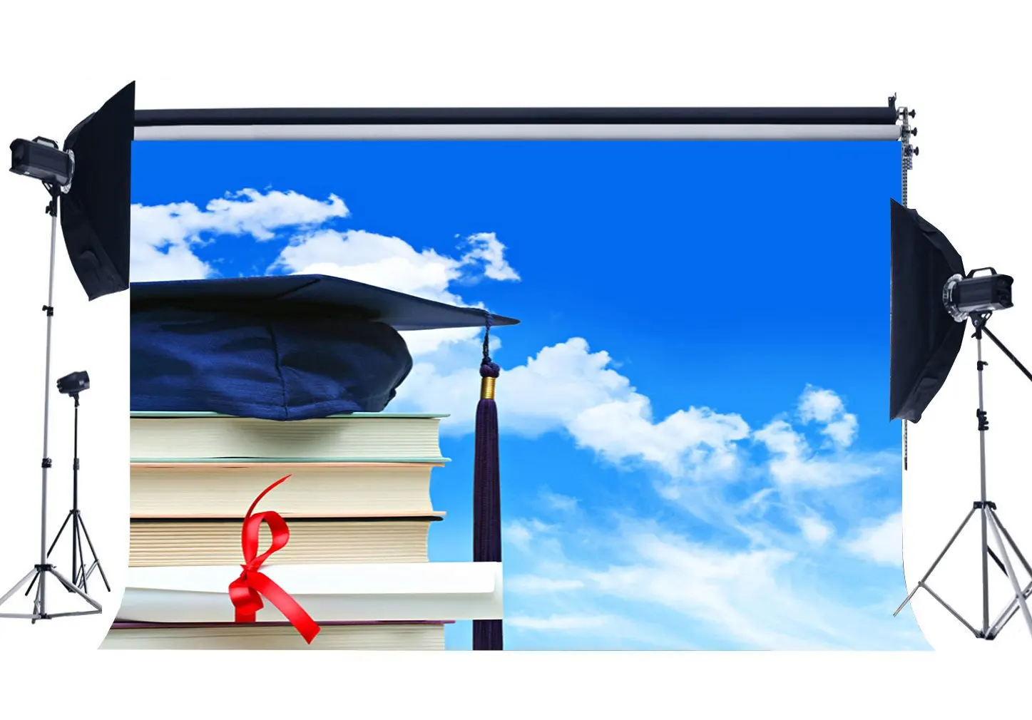 

Graduation Ceremony Backdrop Degree's Diploma and Trencher Cap Backdrops Books Blue Sky White Cloud Background