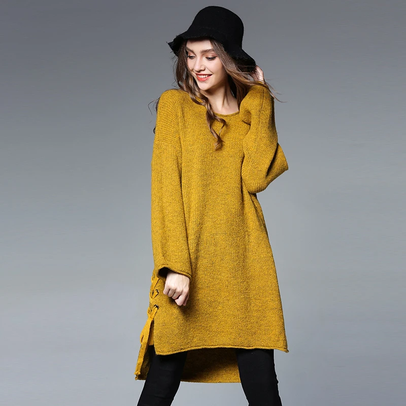 Fashion New winter loose pullover Knitted sweater women's crew neck Show thin thick long tops plus-size lace-up | Женская одежда