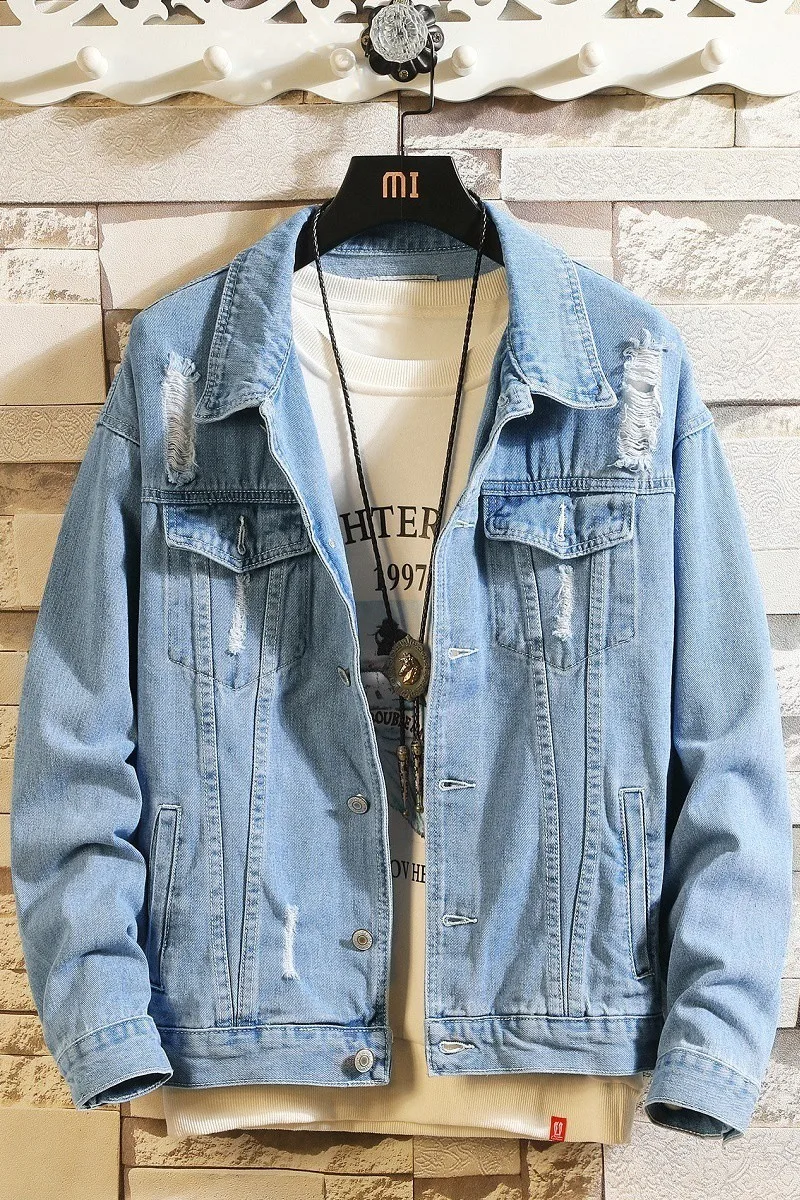 

Men Ripped Jeans Jackets Light Blue Cowboy Clothing Denim Jacket Fashion Popular Jacket Thin Spring Outwear Male Plus Size M-4XL