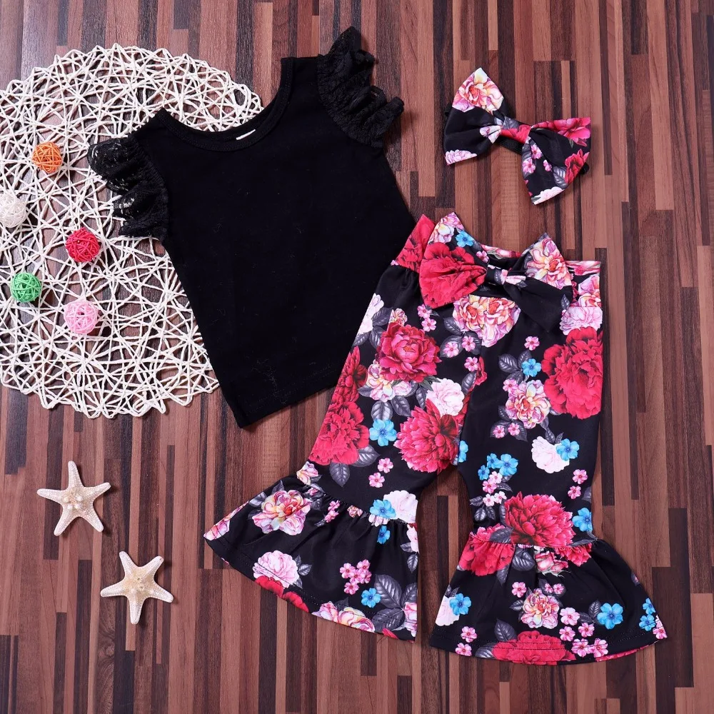 Детская одежда летний комплект из 3 предметов кружевная майка + штаны с цветочным