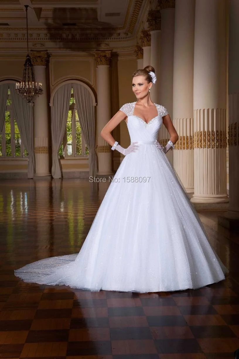 2015 Vestidos Noiva бальное платье свадебные платья милая тюль с бисером коротким рукавом