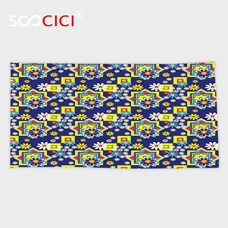 Custom Microfiber Ultra Soft Bath/hand Towel,Floral Spring Nature Flower Daisy Blooms and Mix Geometric Squares Retro Print