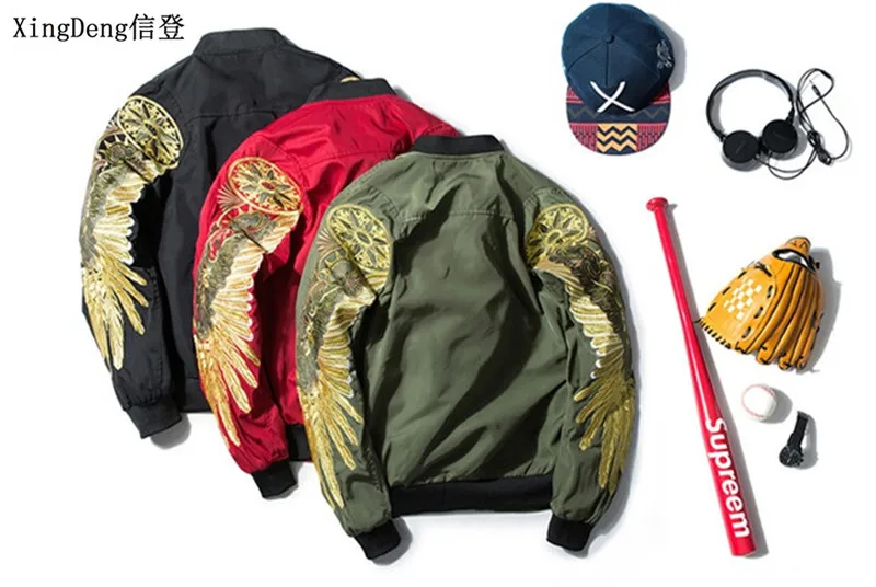 

XingDeng New Black Embroidery Bomber pilot fashion loose Jacket Men Streetwear wing Brand-clothing plus 3XL