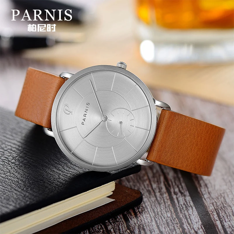 Мужские кварцевые часы Parnis водонепроницаемые с серым циферблатом 40 мм и кожаным