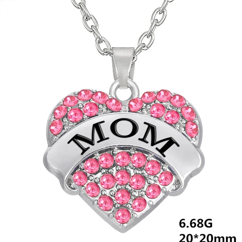 

4 Color MOM Rhinestone Heart Pendant Family Member Necklace Women Jewelry Accessories Love Gifts For Mother 5pcs/lot Wholesale