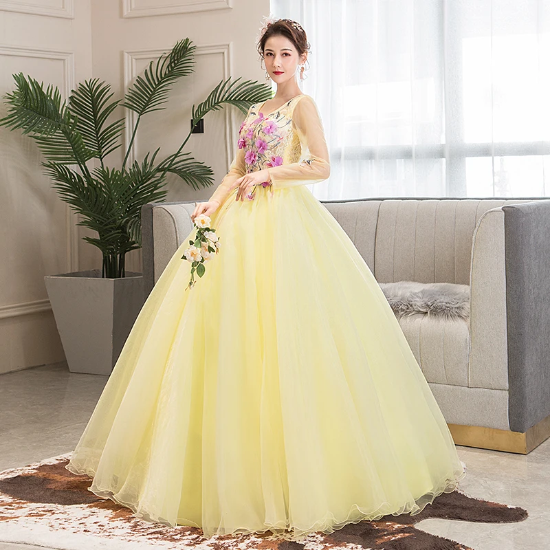 Бальные платья светильник Quinceanera желтого цвета с длинным рукавом Vestidos De 15 Sixteen