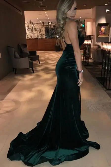 

Sexy Mermaid V Neck Sleeveless Velour Long Evening Dresses 2021 Floor Length Spaghetti Strap Side Slit Evening Dress HFY30503