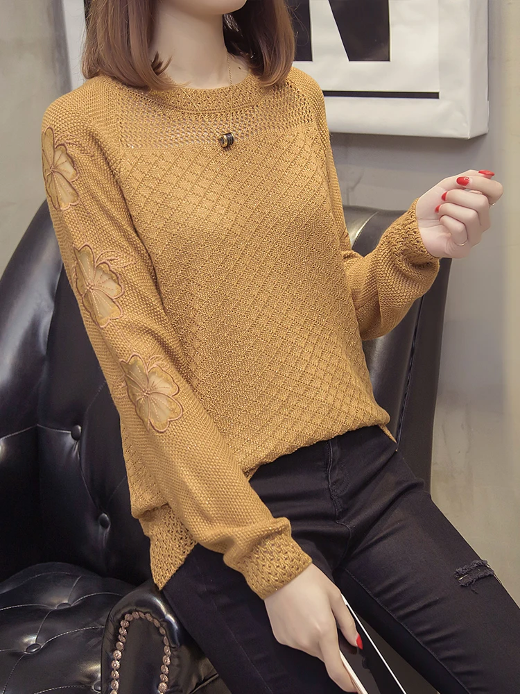 248746 New Korean Version Loose Ice Silk Fairy Hollow Knitted Shirt Round-necked Lace Bottom Female Slim Spring Garment ff | Женская