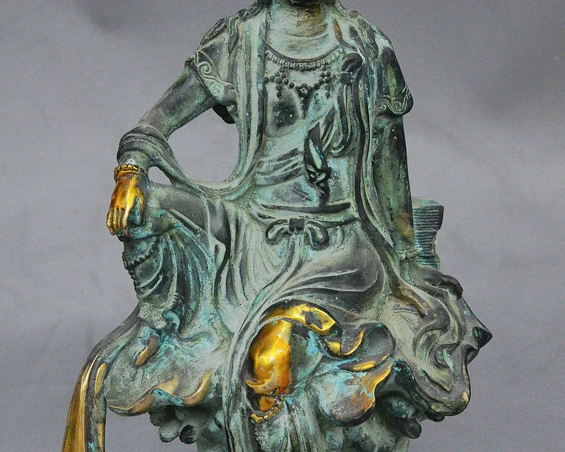 10 &quotСтарый китайский буддистский бронзовый позолоченный NanHai Free GuanYin Kwan-Yin статуя