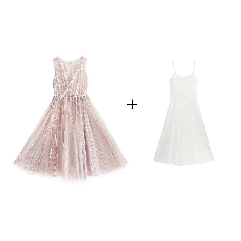 with inner dress IRINAY529 коллекция весна-лето Новое поступление без рукавов длинное винтажное клетчатое шифоновое Тюлевое платье для женщин - Цвет: with inner dress