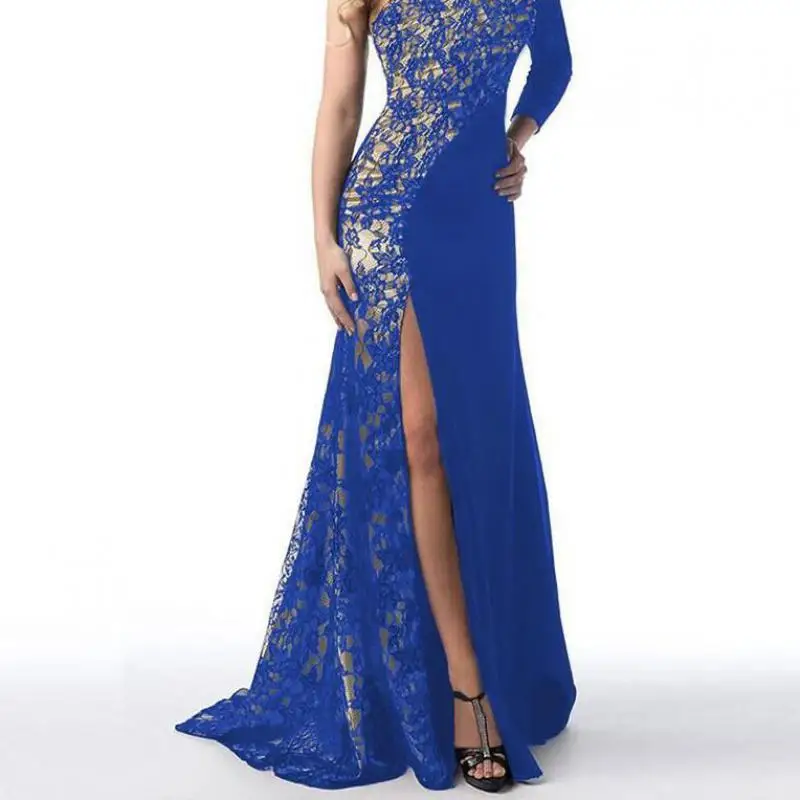 

YANQINGHUAN 2018 New European And American Sexy Lace Harajuku Stitching Dress Fashion Slim High-end One-shoulder Hem Slit Dress