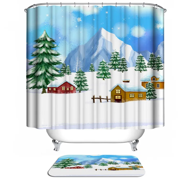 

New Year Christmas Snowman Snowflakes landscape Waterproof Mildewproof Polyester Shower Curtain House Bathroom Decor With 0110