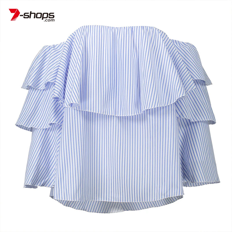 

AECU Women's Shirt Off Shoulder Loose Blouse Top Long Sleeve Strapless Blouse Ruffles Sleeve Stripes Shirt Female Tops