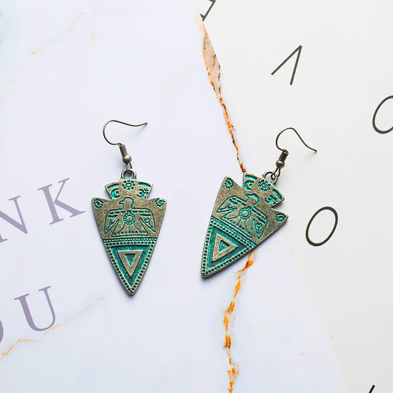 QIANKE Vintage Big Alloy Drop Earrings for Women Long Boho Ethnic Green Triangle Bronze Dangle Earring Fashion Jewelry Wholesale | Украшения