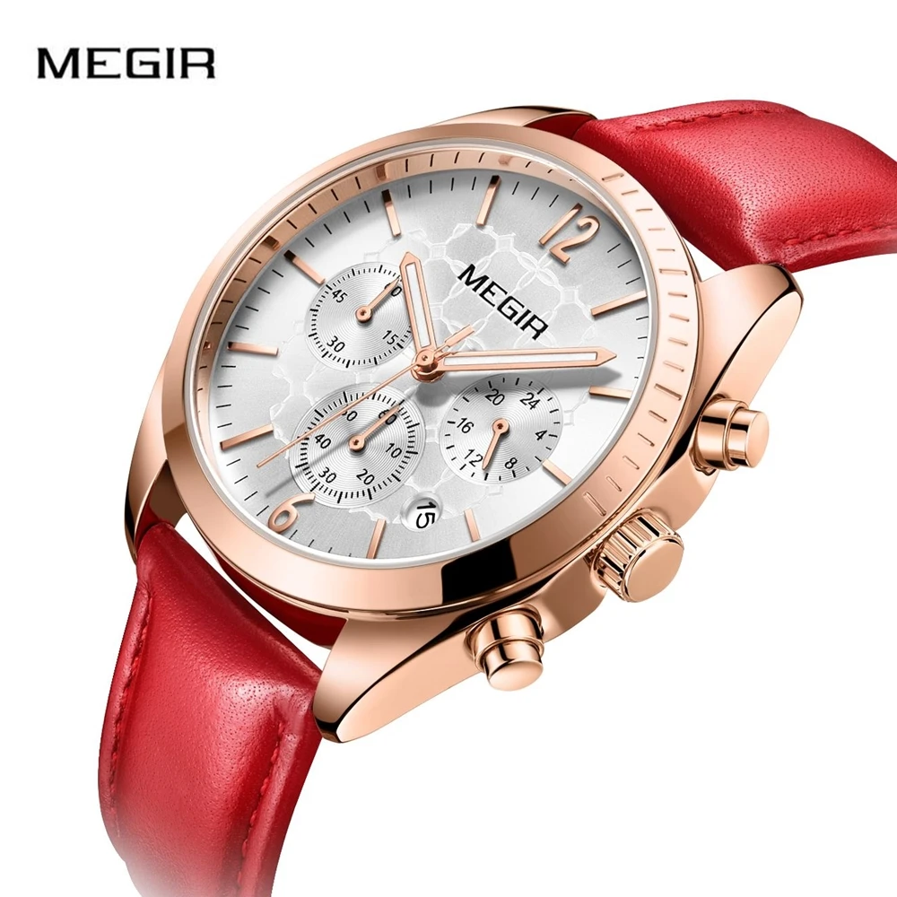 MEGIR Роскошные Авто Дата кварцевые женские часы кожа модные Reloj Mujer ремешок