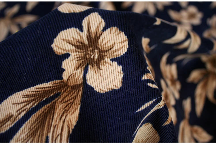 

JaneYU Autumn And Winter New Retro Blue, Big Flower Printed Corduroy Cloth Dress, Robe Shirt, Coat And Pants Fabrics