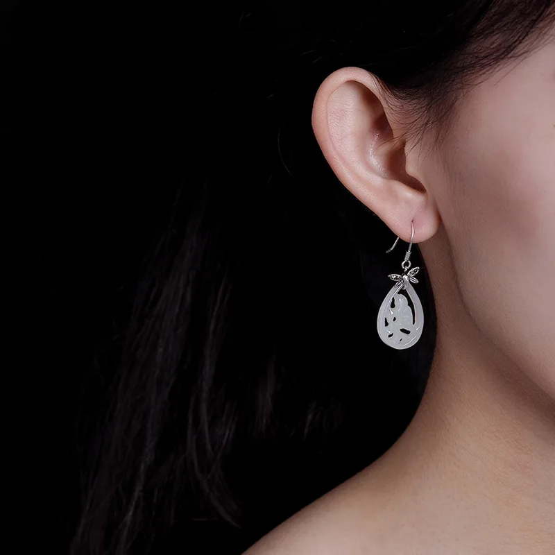 Женские серьги из серебра 925 пробы с нефритом|Серьги-подвески| |