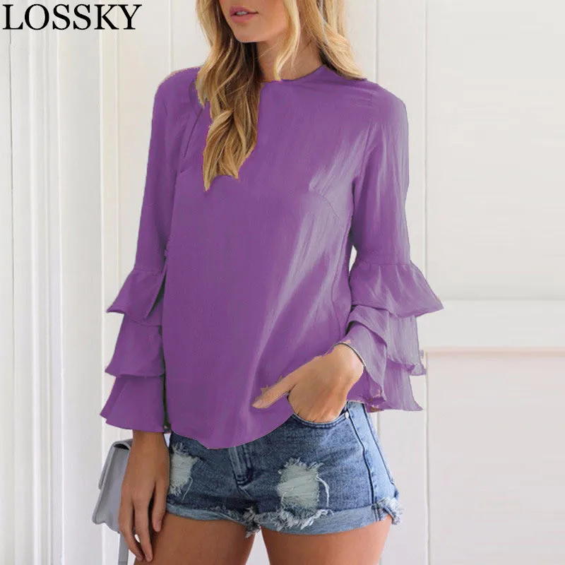 

LOSSKY Women ChiffonRuffle 2020 Autumn Blouse Shirt Casual Long Flare Sleeve Solid Summer Blouses Shirts Plus Size Female Tops