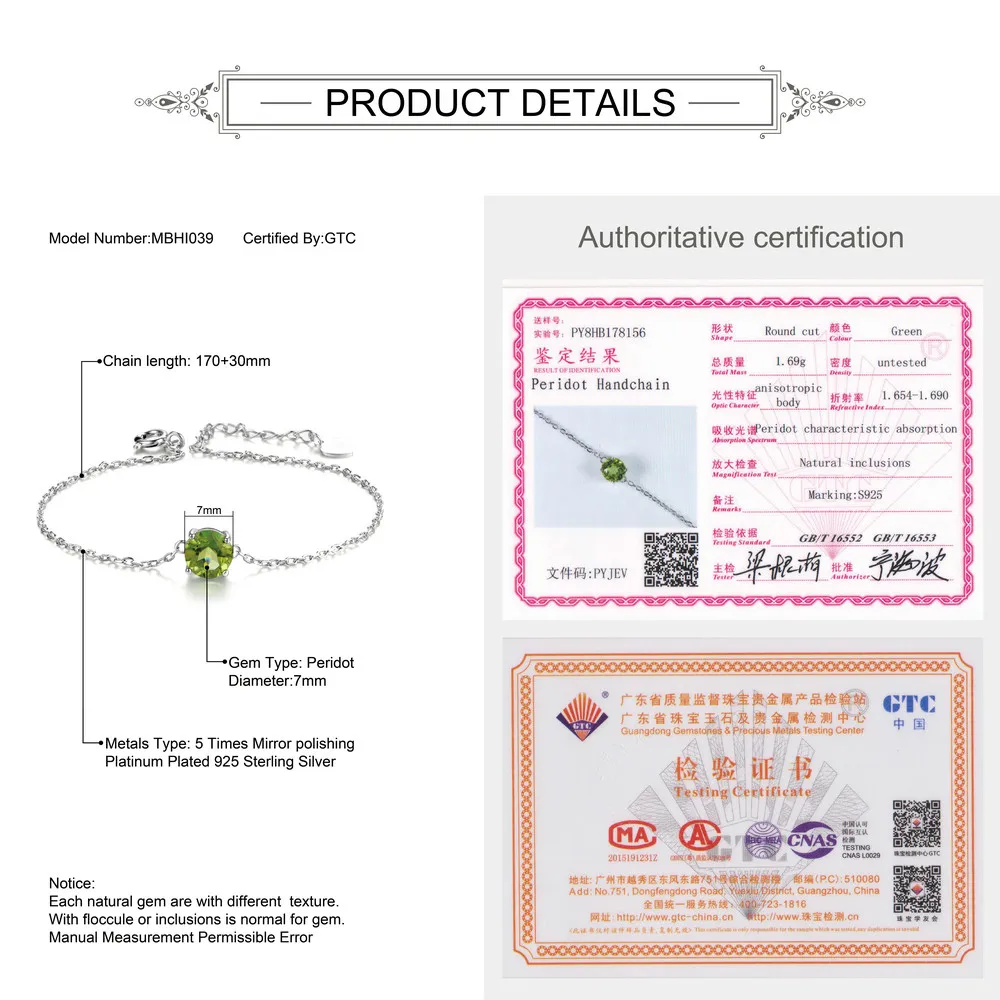 MoBuy MBHI039 Flat Natural Gemstone Peridot Bracelets &amp Bangles 925 Sterling-Silver-Jewelry White Gold Plated Chain For Women | Украшения