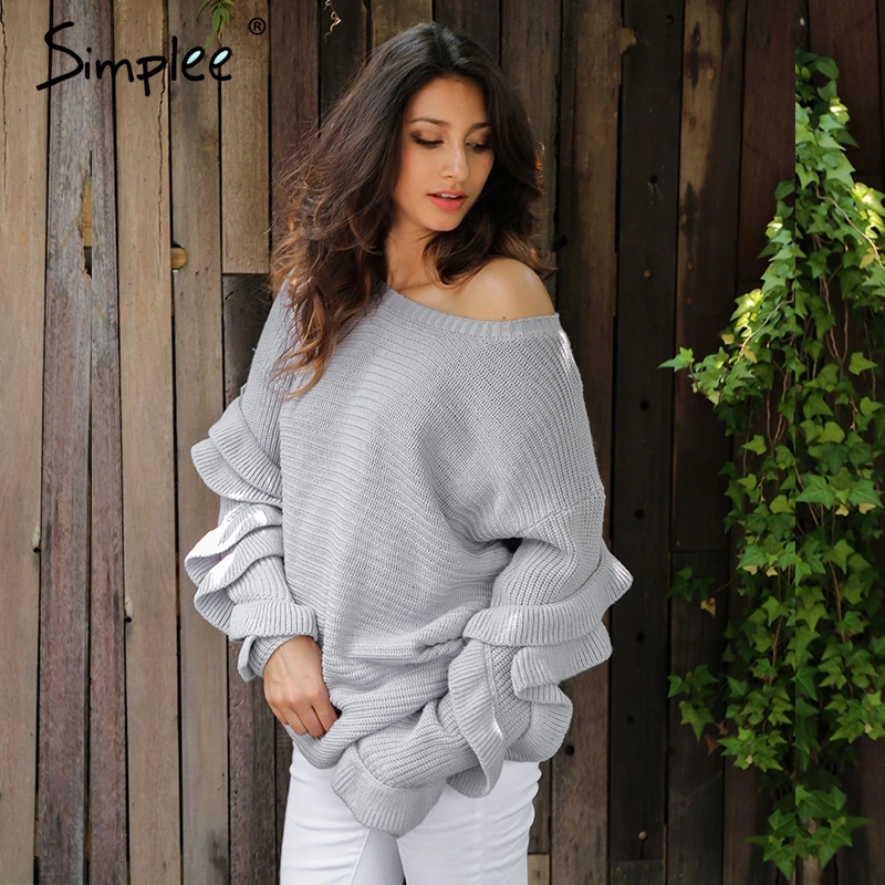 Simplee Ruffle knitted sweater women pullover female Casual loose round neck winter Autumn pull femme knit jumper | Женская одежда