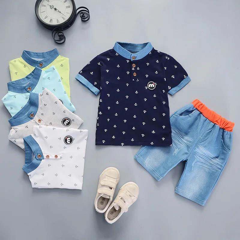 2019 Boys Clothes Set Summer Baby Cotton Anchor Print Infant Clothing Navy Blue White T shirts Shorts 1-5 Years |