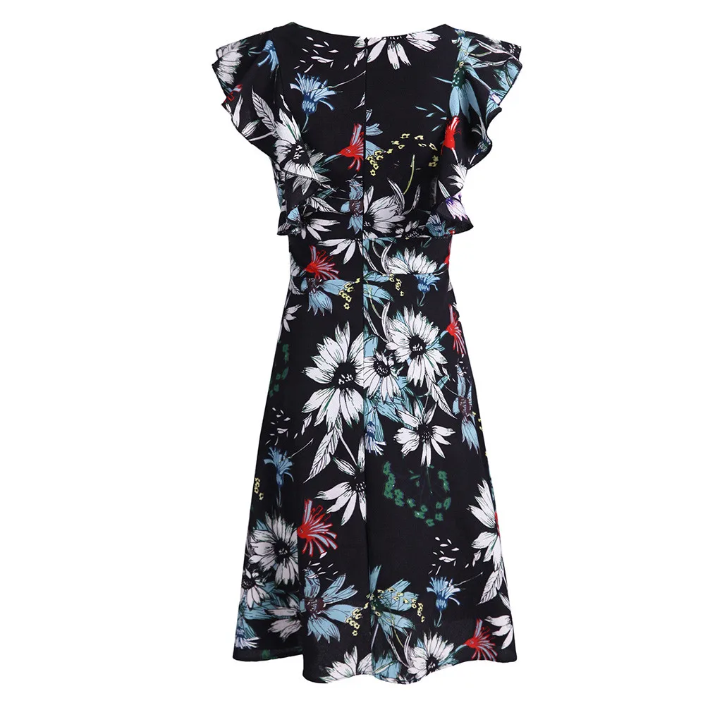 Для женщин Винтаж рюшами Floral Flared линии качели Повседневное платья шифон богемный