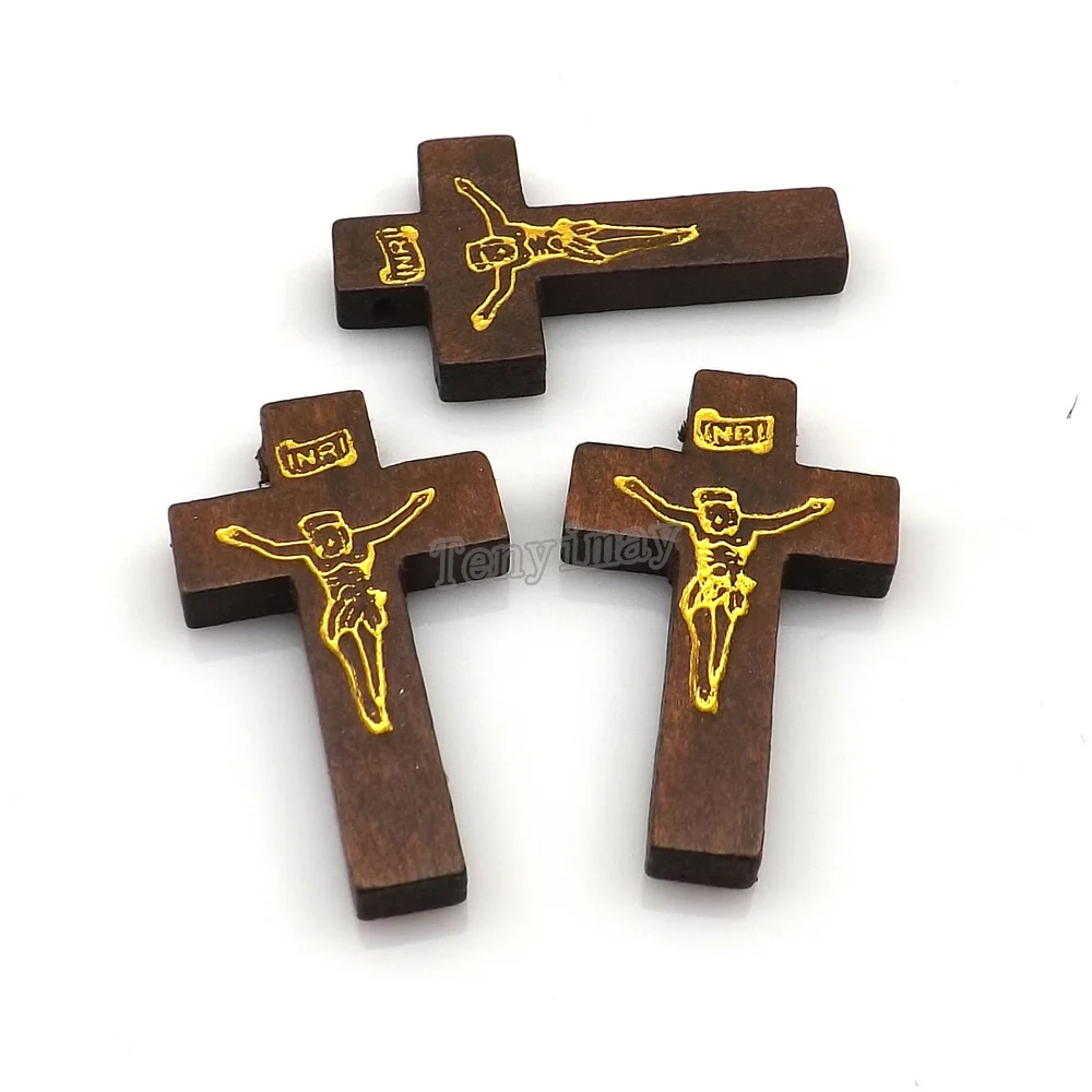 100 шт./лот резной INRI Jesus деревянный крест подвеска на Рождество и Пасху 42x15x5 мм