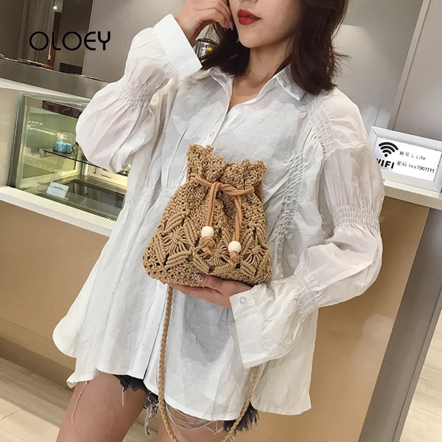 New Drawstring Women's Bucket Straw Bag Summer Woven Shoulder Bags Female Beach Handbags Travel Tote Messenger Sac | Багаж и сумки