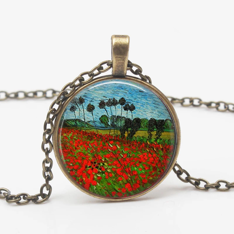 Модное ожерелье с кулоном в ретро стиле изображением макового поля Ван Гога