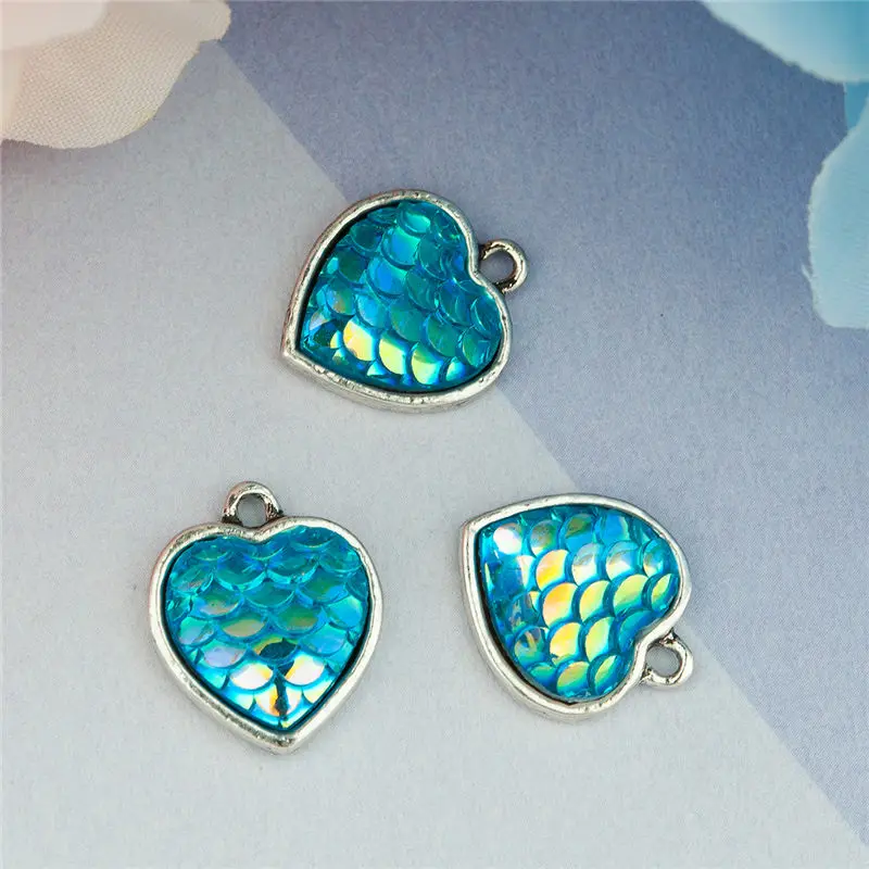 DoreenBeads Drusy Серебрянные украшения в античном стиле подвеска в виде сердца многоцветный рыбы/чешуя дракона 16 мм x 14 мм(5/" x 4/8") 10 шт