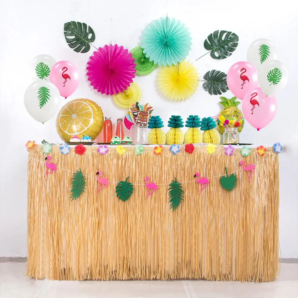 

1pc Fringe Table Skirt Hawaiian Party Decorations Table Skirt with Flowers Wrap Summer Tropical Baby Shower Party Table Supplies
