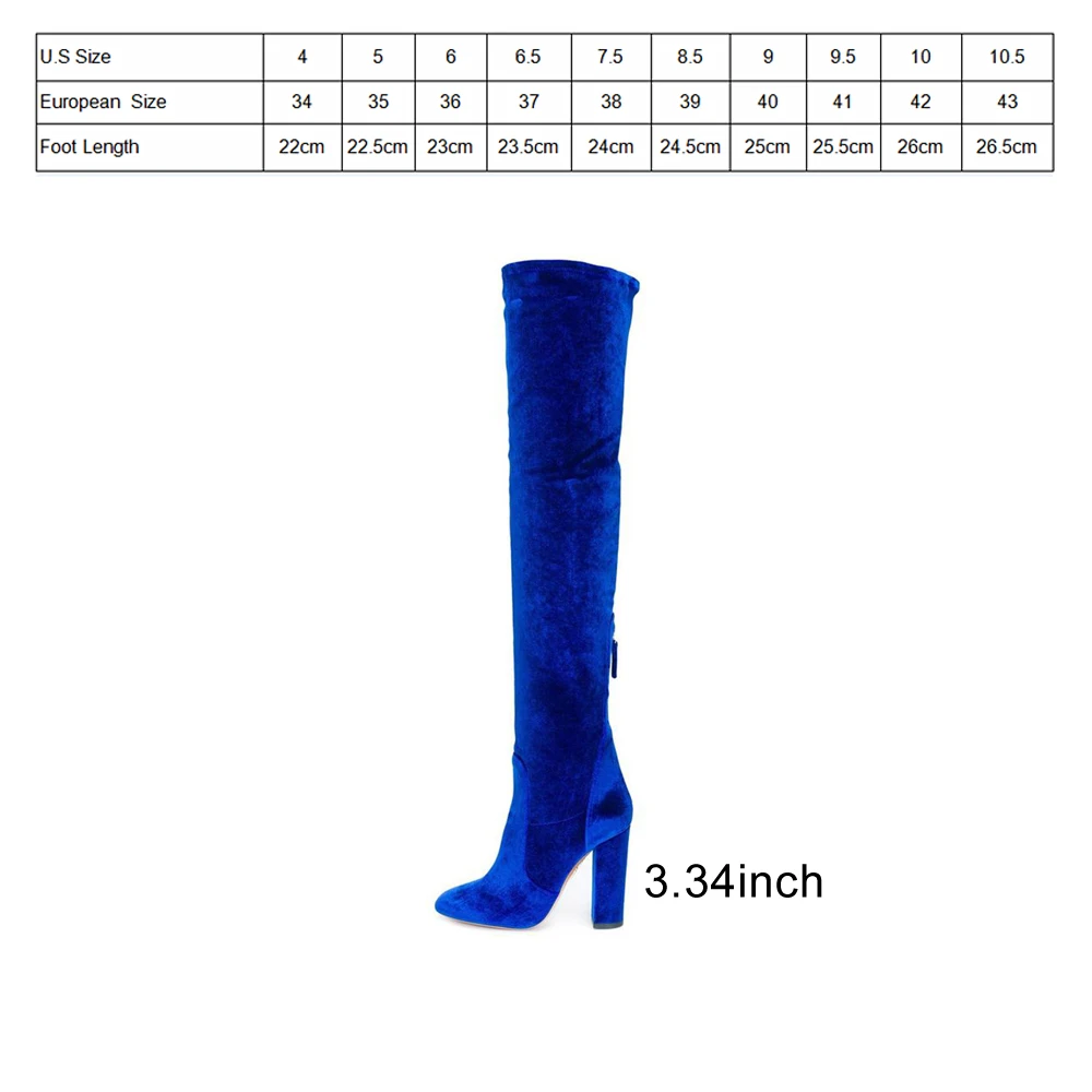 

FOREADA Luxury Women Winter Boots Velvet Over Knee Boots High Heel Thigh High Boots Autumn Zip Pointed Toe Stretch Shoe Blue Red