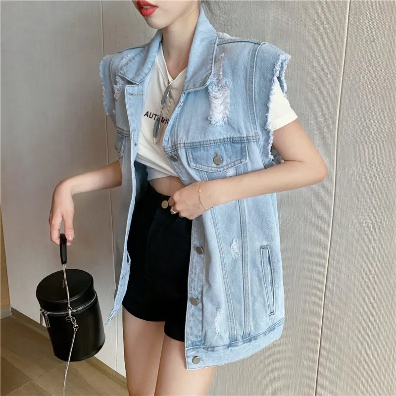 

HziriP 2019 New Vintage Summer Hole Jeans Jackets Loose Casual Fashion Sleeveless Pocket Female Denim Blue Jacket Outerwear Coat