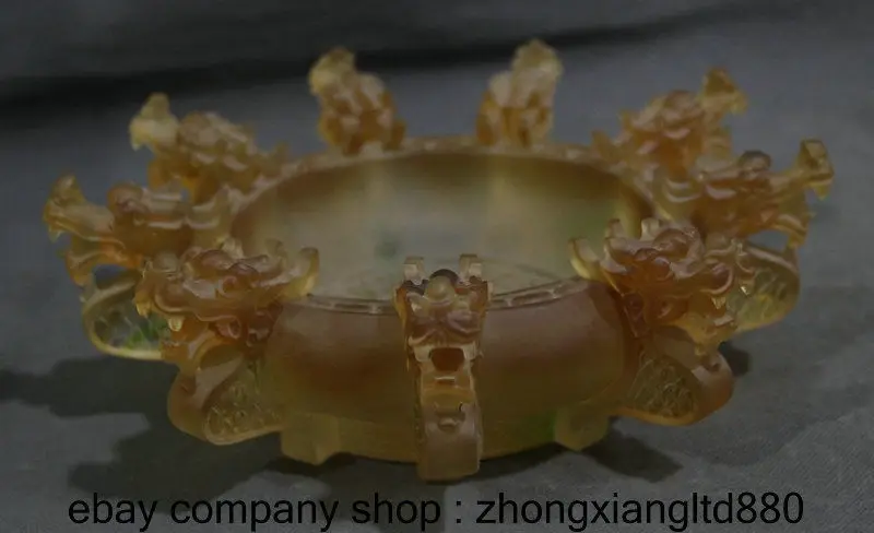 9.2 &quotКитай Желтая Глазурь Резьба Девять Голова Дракона Статуя Пепельница Сосуд |