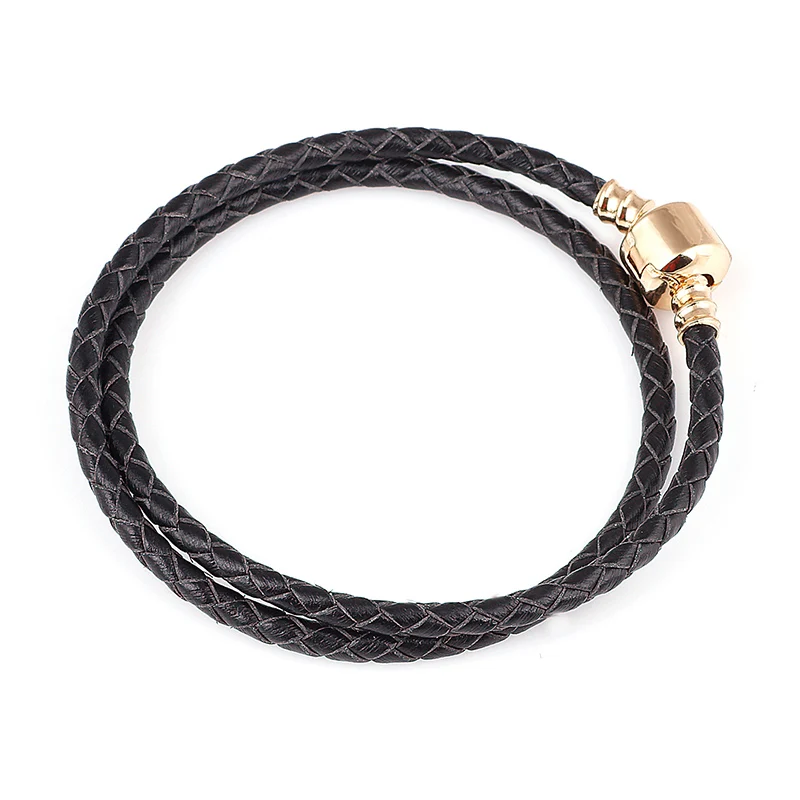 

Plated gold Black Double Loop Leather Charm Bracelet Chain Charms DIY Bracelets Fit Metal Alloy Glass European Big Hole Bead