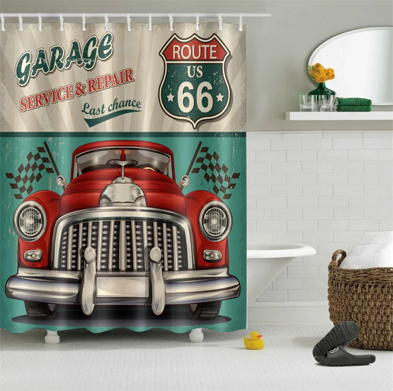 Retro Route 66 Car Race Garage Shower Curtain Waterproof Polyester Bath Fabric Mildewproof Bathroom Home Decor Hooks Set | Дом и сад