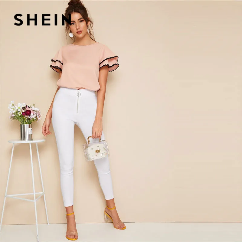 SHEIN розовая контрастная волнистая кружевная отделка, многослойная женская блузка с рюшами на рукавах, топ, летняя однотонная Повседневная блуза с круглым вырезом и коротким рукавом